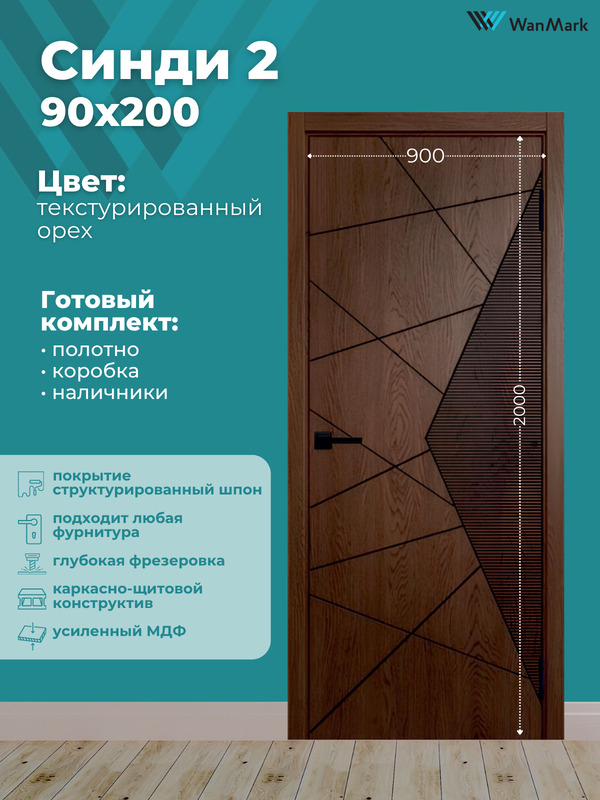 Дверь Синди-2 ДГ текстур. орех с врезкой под замок 900х2000 в комплекте с коробкой и наличниками